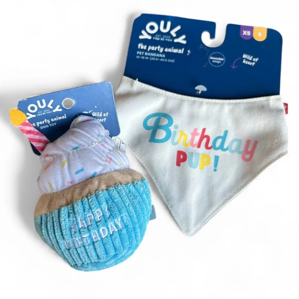 Birthday cupcake dog toy bandana set NEW